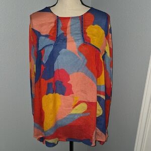 Abstract Floral Long-Sleeve Blouse in Blue and Red